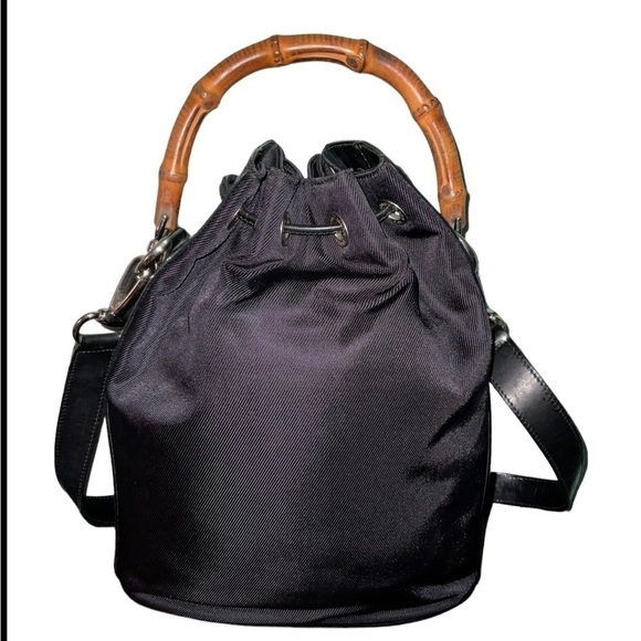 Gucci Black Nylon Vintage Bamboo Drawstring Two Way Nylon Bucket Bag.C/Body - Picture 1 of 15
